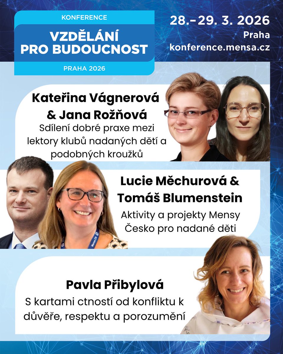 mensacesko's tweet photo. Představujeme poslední přednášející na konferenci Vzdělání pro budoucnost (28. - 29. 3. 2026, Praha).
Možnost přihlašování už jen do zítřka. https://t.co/8287UBaCcE