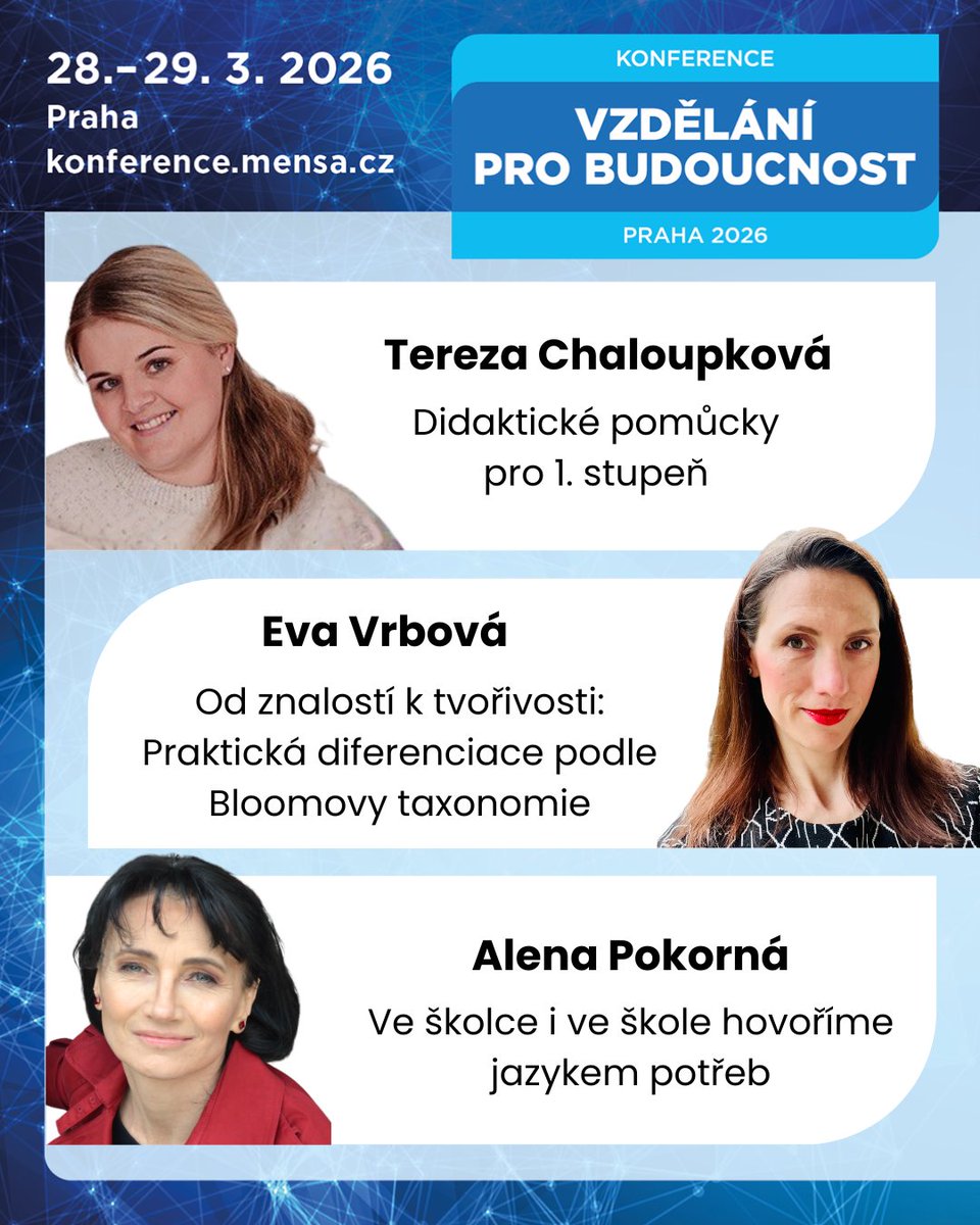 mensacesko's tweet photo. Představujeme poslední přednášející na konferenci Vzdělání pro budoucnost (28. - 29. 3. 2026, Praha).
Možnost přihlašování už jen do zítřka. https://t.co/8287UBaCcE