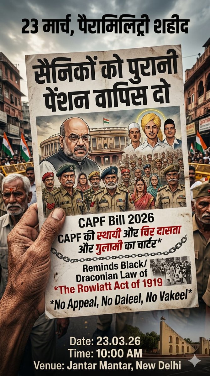 आज जंतर मंतर पर एक्स पैरामिलिट्री परिवार सरकार के CAPF Bill 2026 के विरोध में और Old Pension की मांग को लेकर शांति पूर्ण धरना करने के लिए एकत्र हो रहे है!