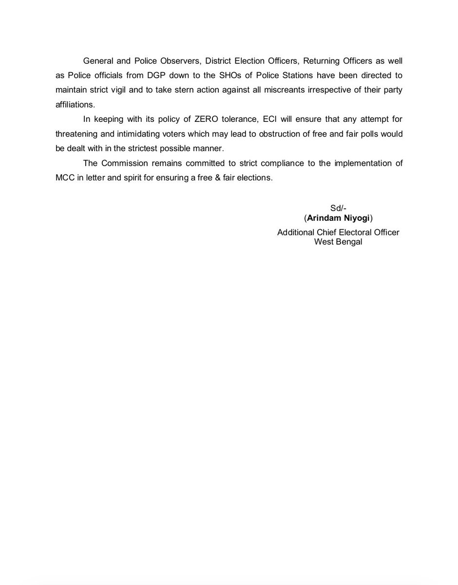 CEOWestBengal's tweet photo. #PressNote 
In compliance with the directives of the Election Commission of India following the announcement of the General Election on 16.03.2026,MCC is being rigorously enforced across all 294 ACs in West Bengal.
@ECISVEEP @SpokespersonECI @PIBKolkata @airnews_kolkata https://t.co/0RLJZbUMmO