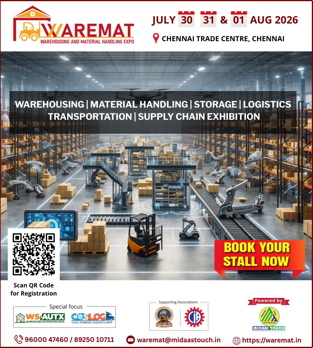 🚀 WAREMAT 2026 is coming!
📦 India’s leading Warehousing &amp; Logistics Expo
  July 30, 31 &amp; 01 Aug, 2026
📍 Chennai Trade Centre

🔥 Book your stall now!
#WAREMAT2026 #Logistics #Warehousing