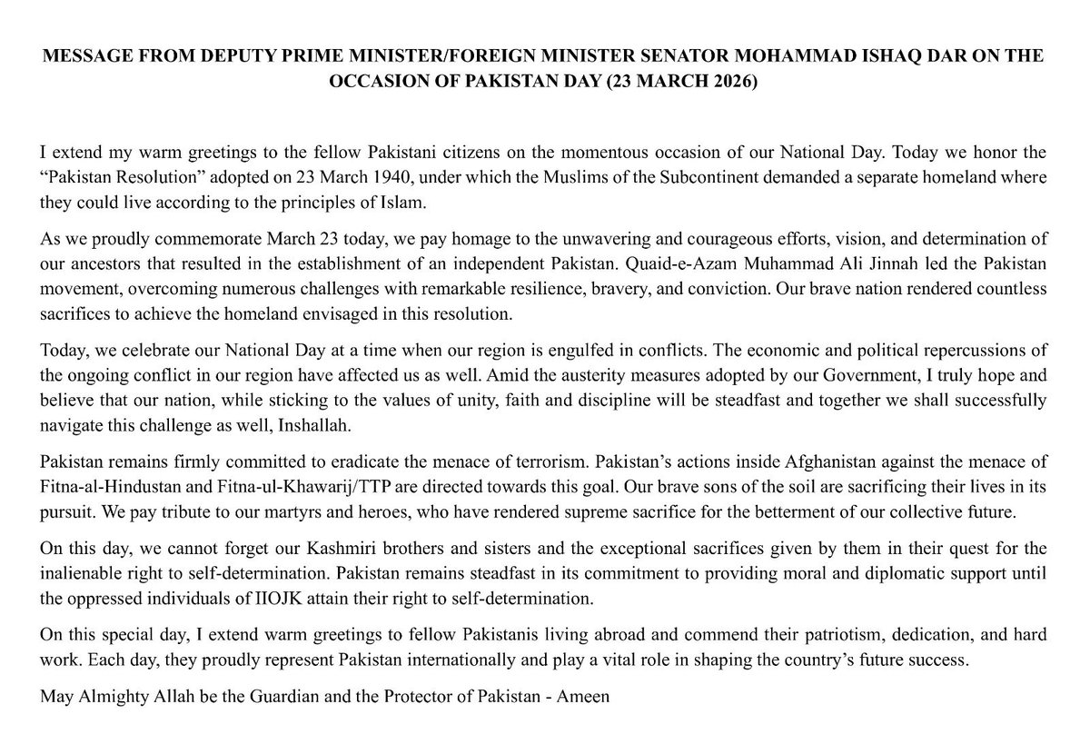PakinJapan's tweet photo. MESSAGE FROM DEPUTY PRIME MINISTER/FOREIGN MINISTER SENATOR MOHAMMAD ISHAQ DAR ON THE OCCASION OF PAKISTAN DAY (23 MARCH 2026) https://t.co/2cLs6WotSd