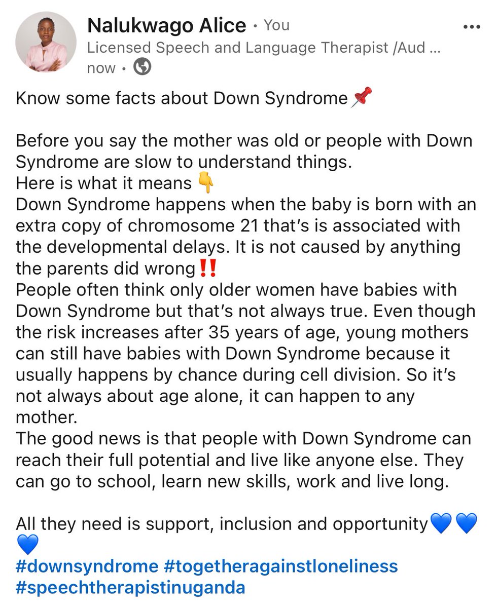 Alycespeechie's tweet image. Know some facts about Down Syndrome
Before you say the mother was old or people with Down Syndrome are slow to understand things‼️
#downsyndrome #speechtherapy