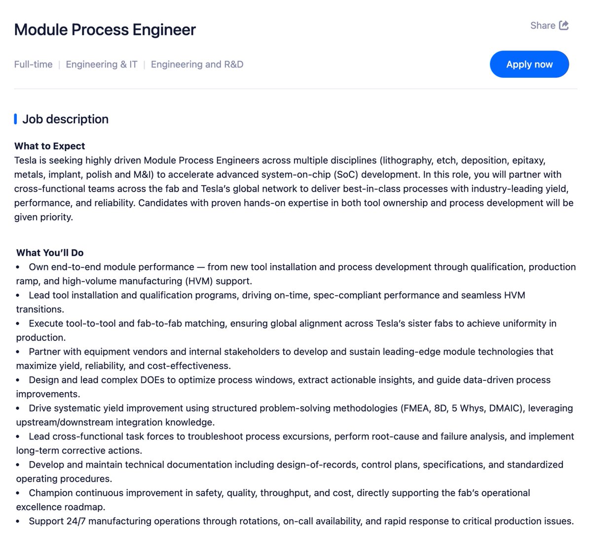 GOOD NEWS 🚨 Tesla is hiring Module Process Engineers in Taiwan, and it ...