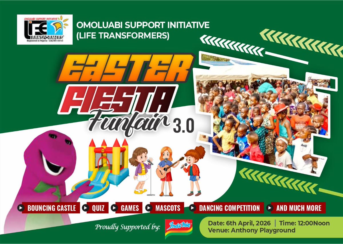 OmoluabiLife's tweet photo. Easter Fiesta Funfair Children's Party comes up on the 6th of April, 2026 by 12 Noon at Anthony Village Playground. 

Let's all support this great cause. Call any of these numbers for more information...
07032224464
08034812747
08021316889 https://t.co/j7GXo0q98l