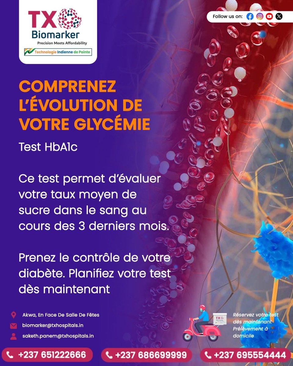 TxBiomarker's tweet photo. 🩸 Test HbA1c : glycémie sur 3 mois.
Détectez, suivez, prévenez le diabète.

📍 Akwa
📧 biomarker@txhospitals.in | saketh.panem@txhospitals.in
📞 +237 651222666 | +237 686699999 | +237 695554444

#Diabète #HbA1c https://t.co/VWzQWtHRvA
