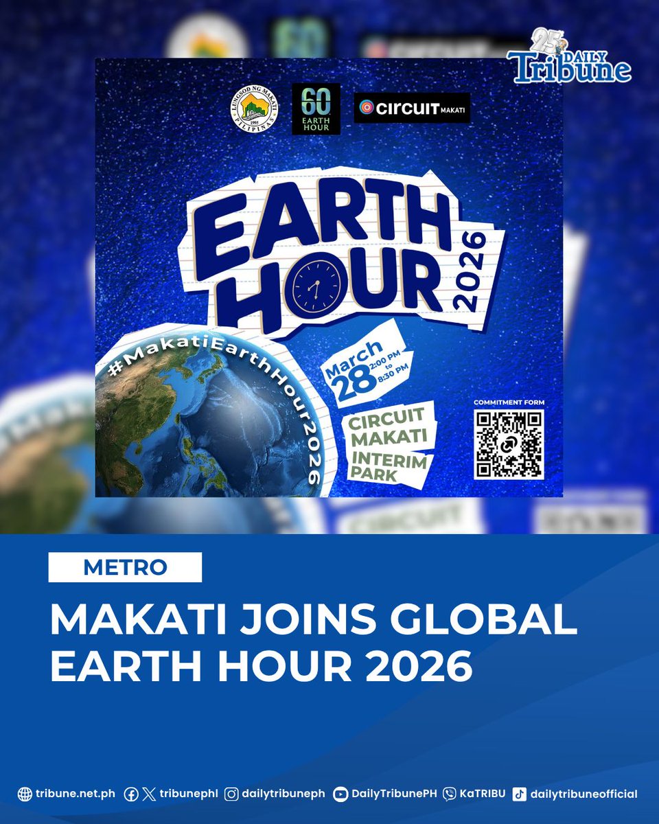 tribunephl's tweet image. The City Government of Makati is set to mark Earth Hour 2026 on 28 March, urging residents and businesses to switch off non-essential lights and join activities aimed at promoting environmental awareness.

Read more at: tribune.net.ph/2026/03/23/mak… 

#DailyTribune #Makati