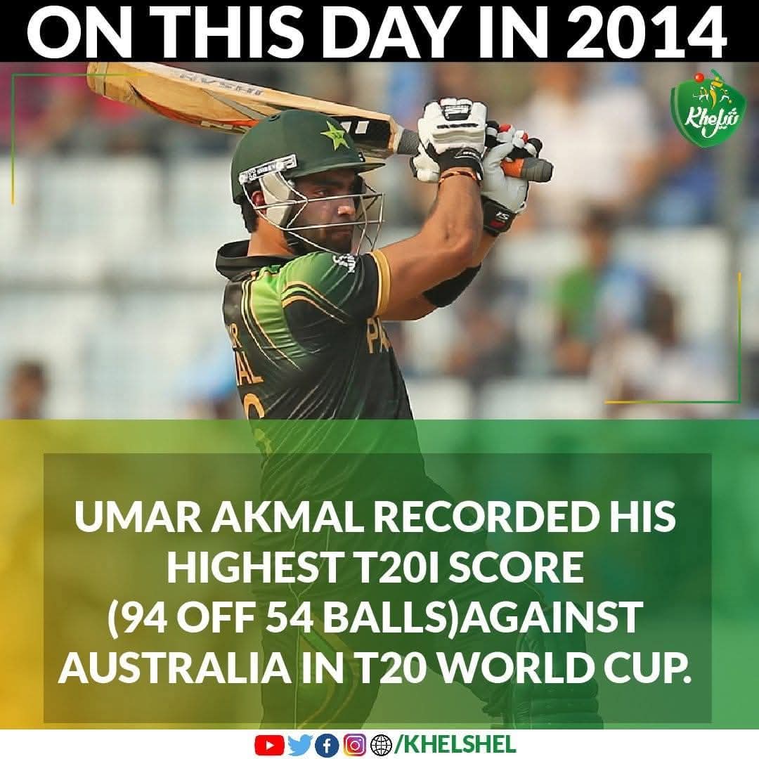 khelshel's tweet image. #OnThisDay in 2014,
Umar Akmal match winning 94 off 54 balls helped Pakistan beat Australia by 16 runs in a World T20 match at Dhaka defending 191.

#PAKvAUS | #Cricket | #Pakistan | #UmarAkmal | #Australia | #T20WorldCup | #Dhaka