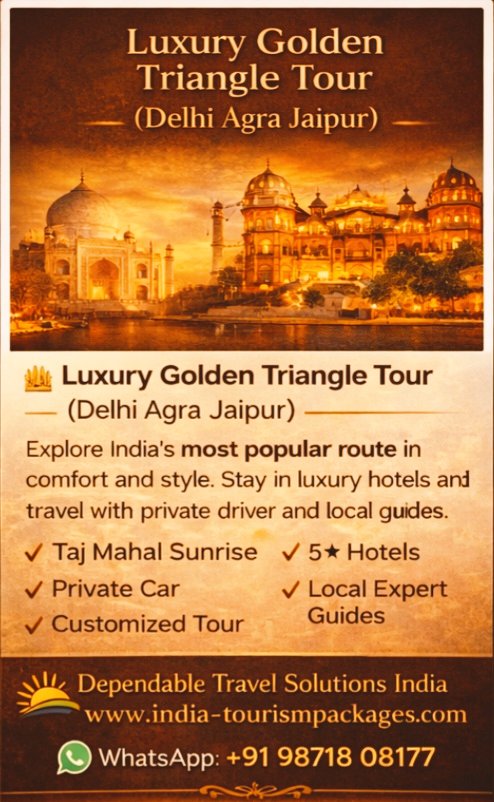 dependabletours's tweet photo. ✨ Book Luxury Golden Triangle Tour of India !!
Delhi • Agra • Jaipur

Private car with driver
5 Star Hotels
Local Expert Guides

Message us to plan your India trip 🇮🇳

💫 Dependable Travel Solutions India 🇮🇳
💬 WhatsApp Chat: https://t.co/7rTbaWOOWN  https://t.co/OgicmbPTJ1
