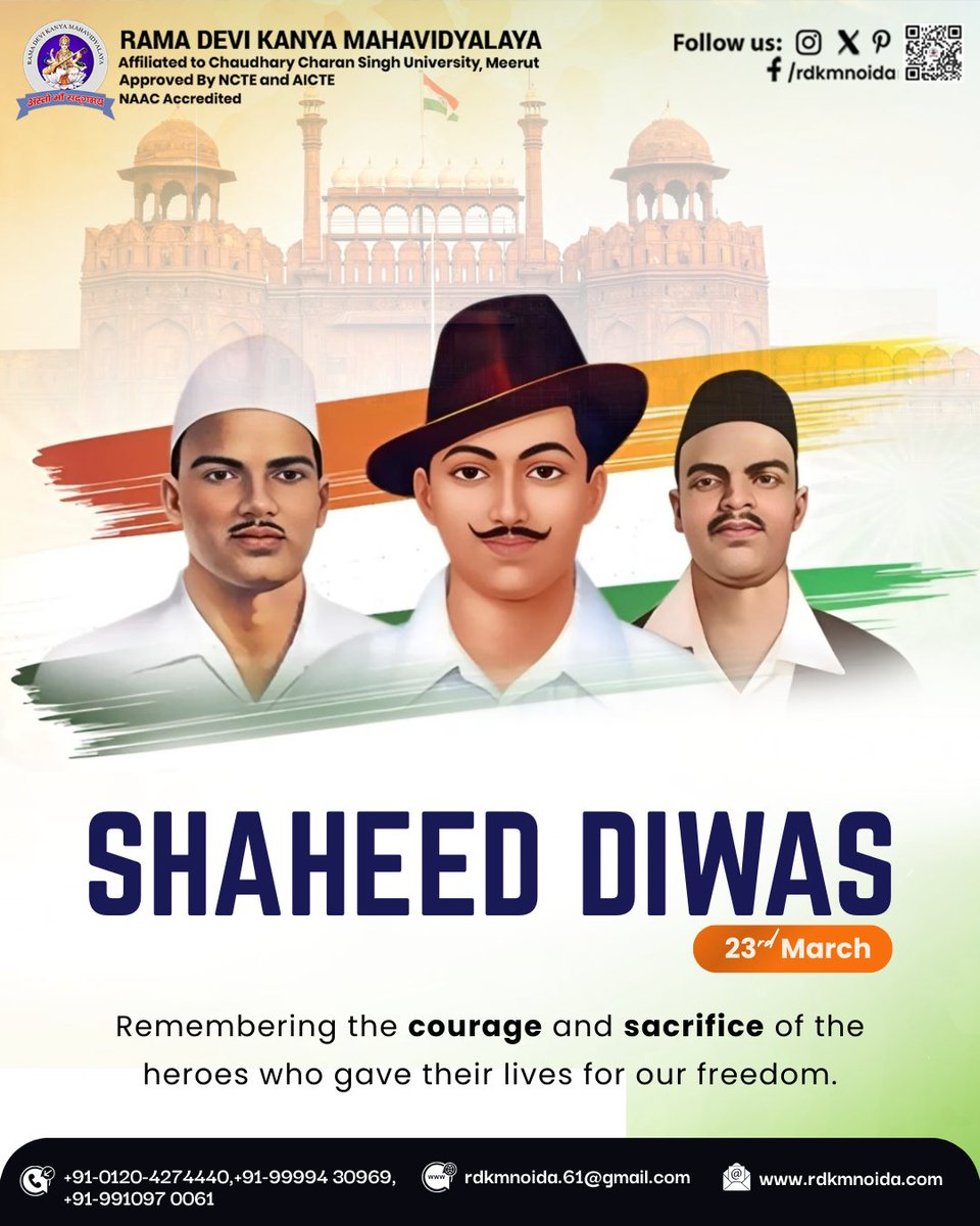 rdkmnoida's tweet photo. Their sacrifice is our strength. On this Shaheed Diwas, we remember the brave souls who gave everything for our freedom.
Visit us at: https://t.co/uAsXllE5V2
#RamaDeviKanyaMahavidyalaya #ShaheedDiwas #MartyrsDay #TributeToHeroes #FreedomFighters #IndianHeroes #NationFirst https://t.co/J95brQtEZh