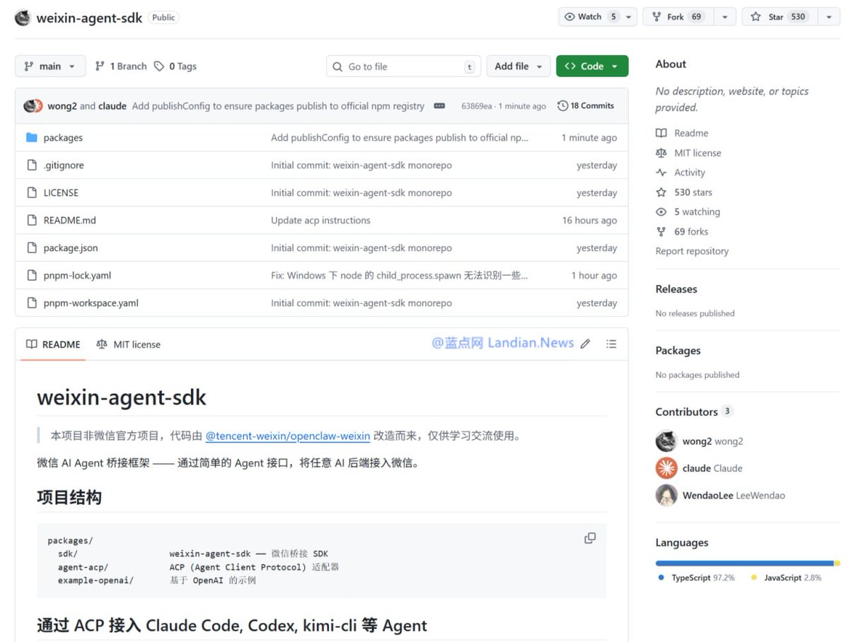 Weixin-Agent-SDK，GitHub开源项目 可以让微信 ClawBot 连接 Claude Code 等任何 AI 智能体 基于微 ...