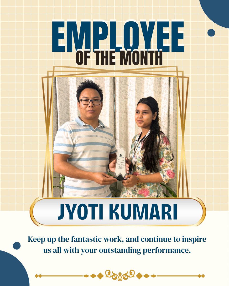 ezeetechonline1's tweet image. 🏆 Employee of the Month Award
Recognizing outstanding performance and dedication.
Congratulations to Jyoti Kumari for achieving this milestone 👏
Your contribution plays a key role in our success.
#employeeofthemonth #TeamSuccess #WorkplaceExcellence #StarPerformer