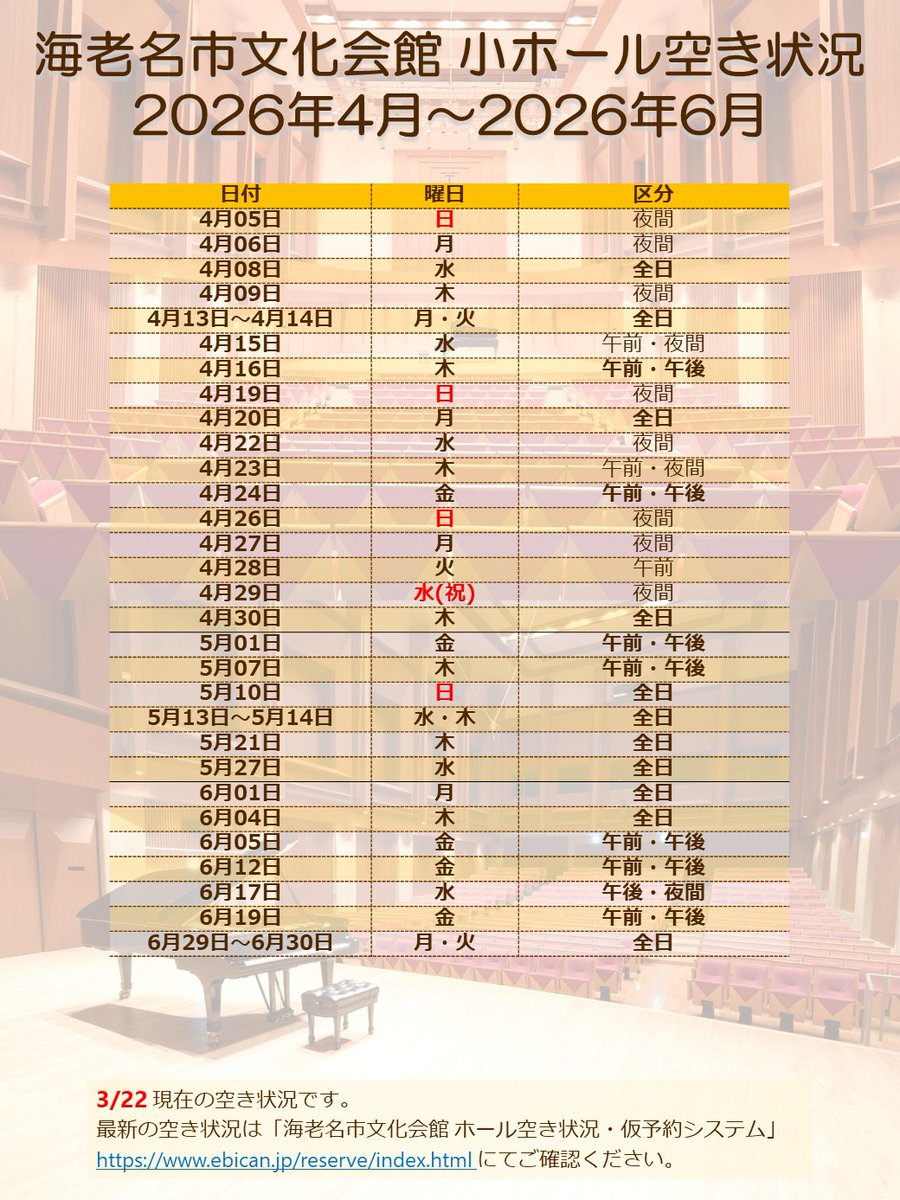 ＜小ホール空き状況のご案内＞

2026年4月～2026年6月の空き状況につきまして、下記の通りご案内いたします。
※5月以降につきましては、2区分以上の空きがある日のご案内になります。（3月23日 時点）

最新の空き状況はebican.jp/reserve/index.… にてご確認ください。

ご利用をお待ちしております。
