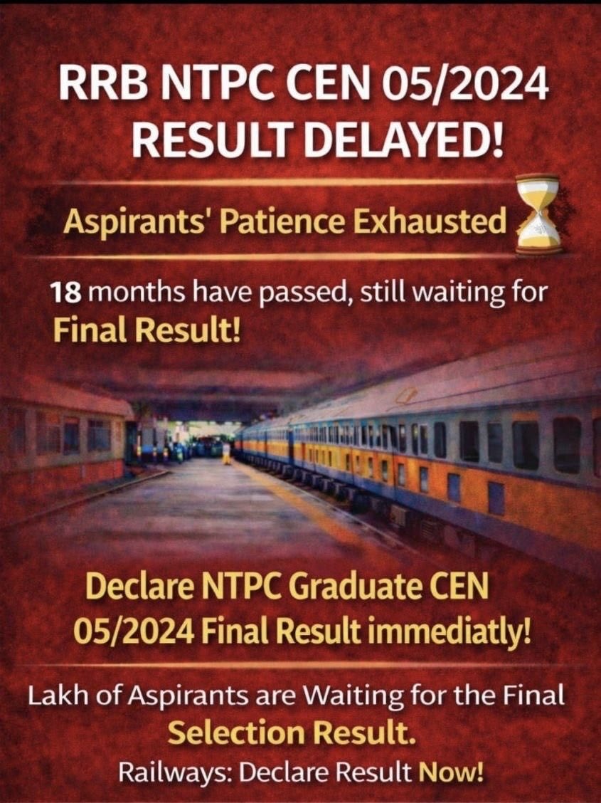 AshishR2818's tweet photo. 18 months and still no final result for RRB NTPC CEN 05/2024. Aspirants’ patience is running out.

Thousands are waiting for their future to be decided.

Indian Railways — please declare the final result ASAP.

#RRBNTPC #ResultDelay #StudentsWaiting https://t.co/HsMQivzE0p