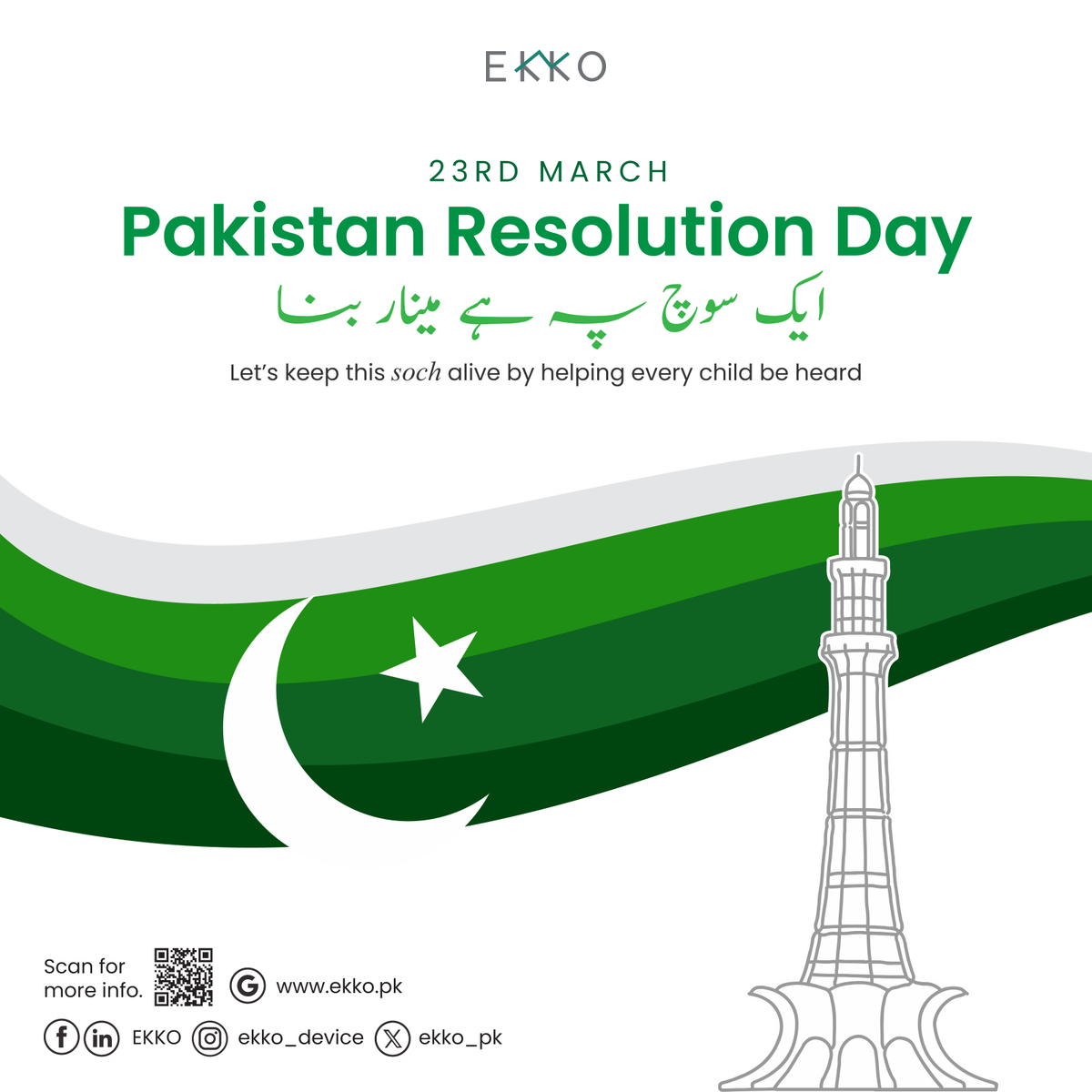 ekkotherapy's tweet photo. This 𝟮𝟯𝗿𝗱 𝗠𝗮𝗿𝗰𝗵, we celebrate the power of a thought, one that built a nation and continues to shape our future.

At EKKO, we believe that same thoughts and efforts lives on when every child is given the chance to express, connect, and be heard.

#PakistanDay #23March https://t.co/vrJIxPqwal
