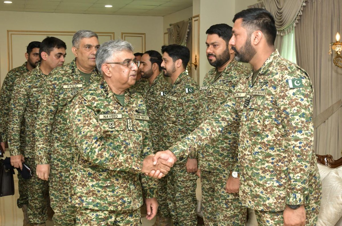 Defense_Times's tweet photo. Chief of the Naval Staff Visits Forward Positions on Eid-ul-Fitr.

On the occasion of Eid-ul-Fitr, Chief of the Naval Staff Admiral Naveed Ashraf undertook a visit to forward positions in the Creeks Areas. 

He engaged with troops on duty, appreciated their vigilance and operational preparedness & commended their unwavering resolve in securing Pakistan’s maritime domain.