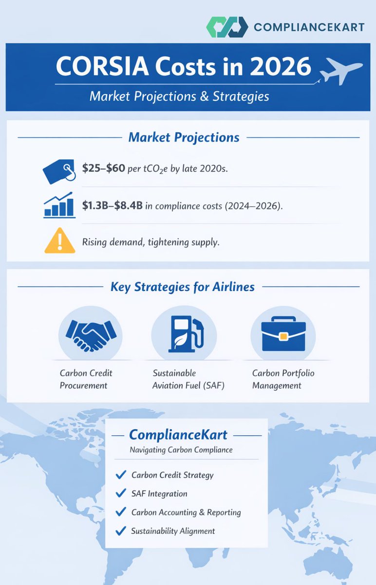 EnvrEarth's tweet photo. CORSIA is no longer a future problem—it’s a cost reality. ✈️

With prices projected at $25–$60/tCO₂e and compliance costs running into billions, airlines that plan early will have the edge. The game is shifting from reactive compliance to strategic carbon management.

From securing high-quality credits to scaling SAF adoption, the winners in 2026 will be those who treat carbon as a portfolio—not a penalty.

#CORSIA #AviationSustainability #CarbonMarkets #SAF #ClimateStrategy #NetZero #CarbonCredits
