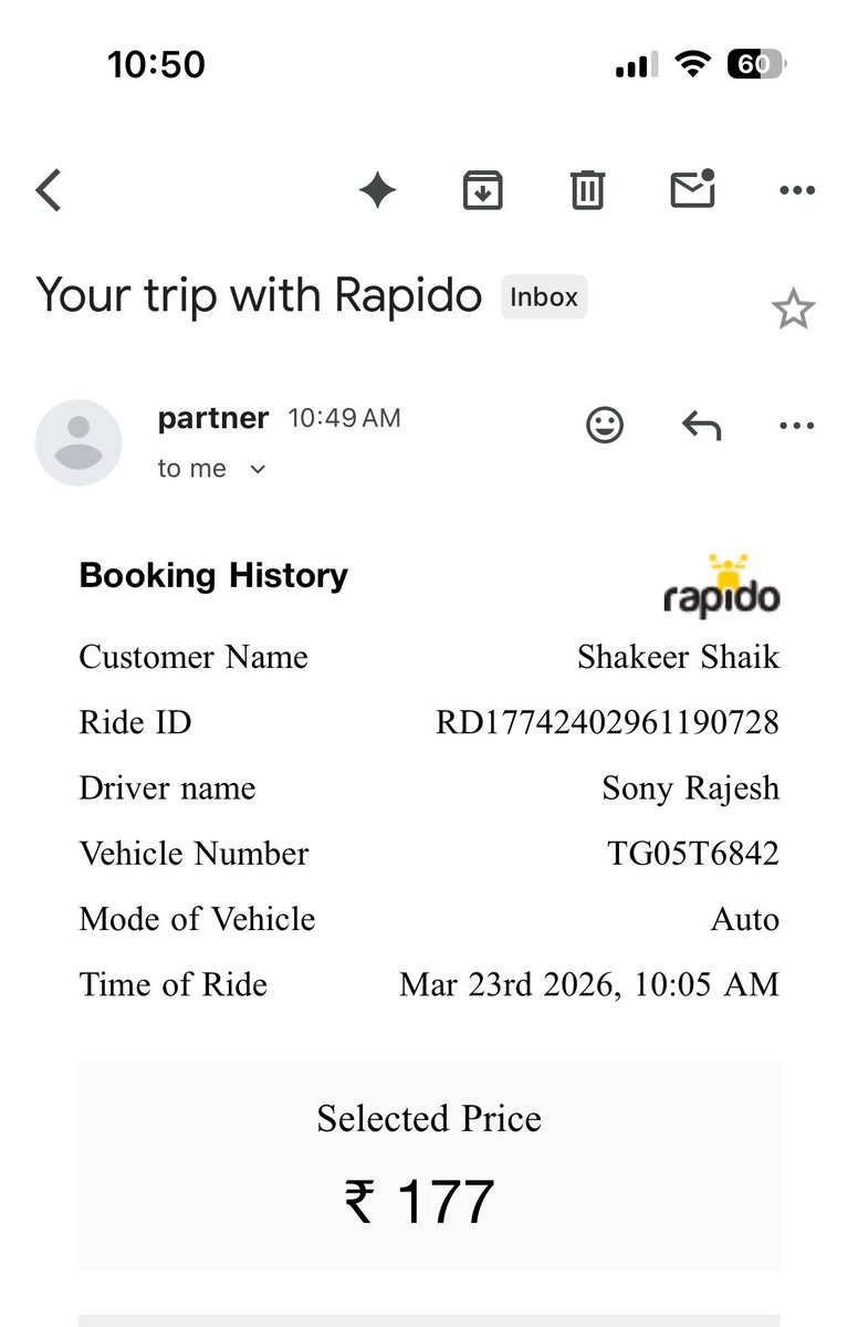 ShakeerShaik's tweet image. Scammer with fake UPI app in RAPIDO. #Beware of this RAPIDO auto driver Sony Rajesh auto no TG05T6842. Auto fare was 177 Rs. Scammed for Rs 500 with fake UPI app that looked genuine. @rapidobikeapp @RapidoCares @hydcitypolice @MalkajgiriCop