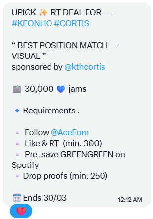 Keonho_PH's tweet photo. UPICK ✨ RT DEAL FOR —
#KEONHO #CORTIS

“ BEST POSITION MATCH — VISUAL ”
sponsored by @kthcortis

🗳️ 30,000 💙 jams

🔹Requirements :

▫️ Follow @AceEom
▫️ Like &amp; RT  (min. 300)
▫️ Pre-save GREENGREEN on Spotify
▫️Drop proofs (min. 250)

🗓️Ends 30/03 https://t.co/UQm836KYjh