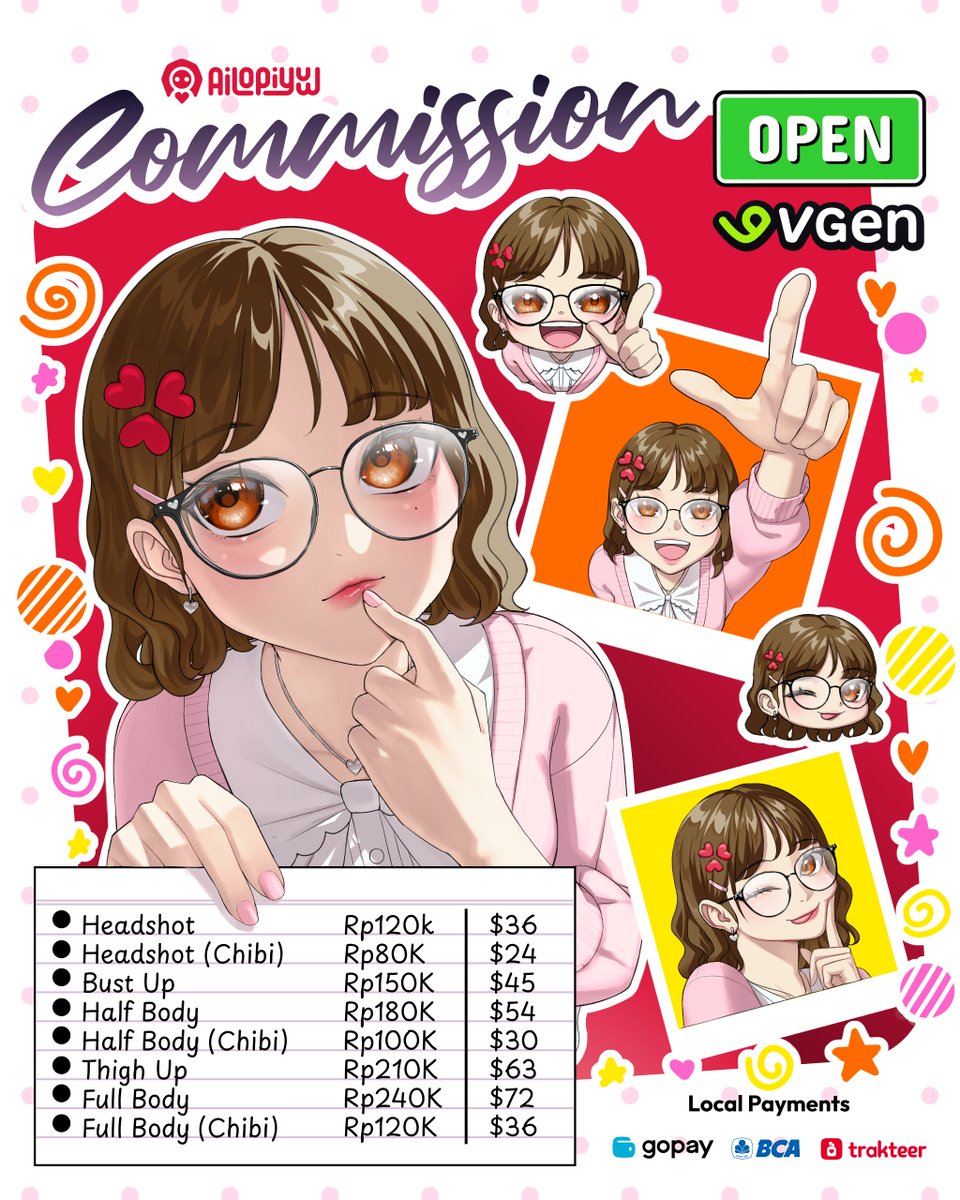 ❤️Ailopiyuw Commission Open❤️
Local / International (#VGen)

꒰ Let's create something cute! ꒱

Full render / Chibi
Simple background

Want to make a request? Message me anytime!
#AilopiyuwComm

Sample, ToS, Contact, etc. below👇