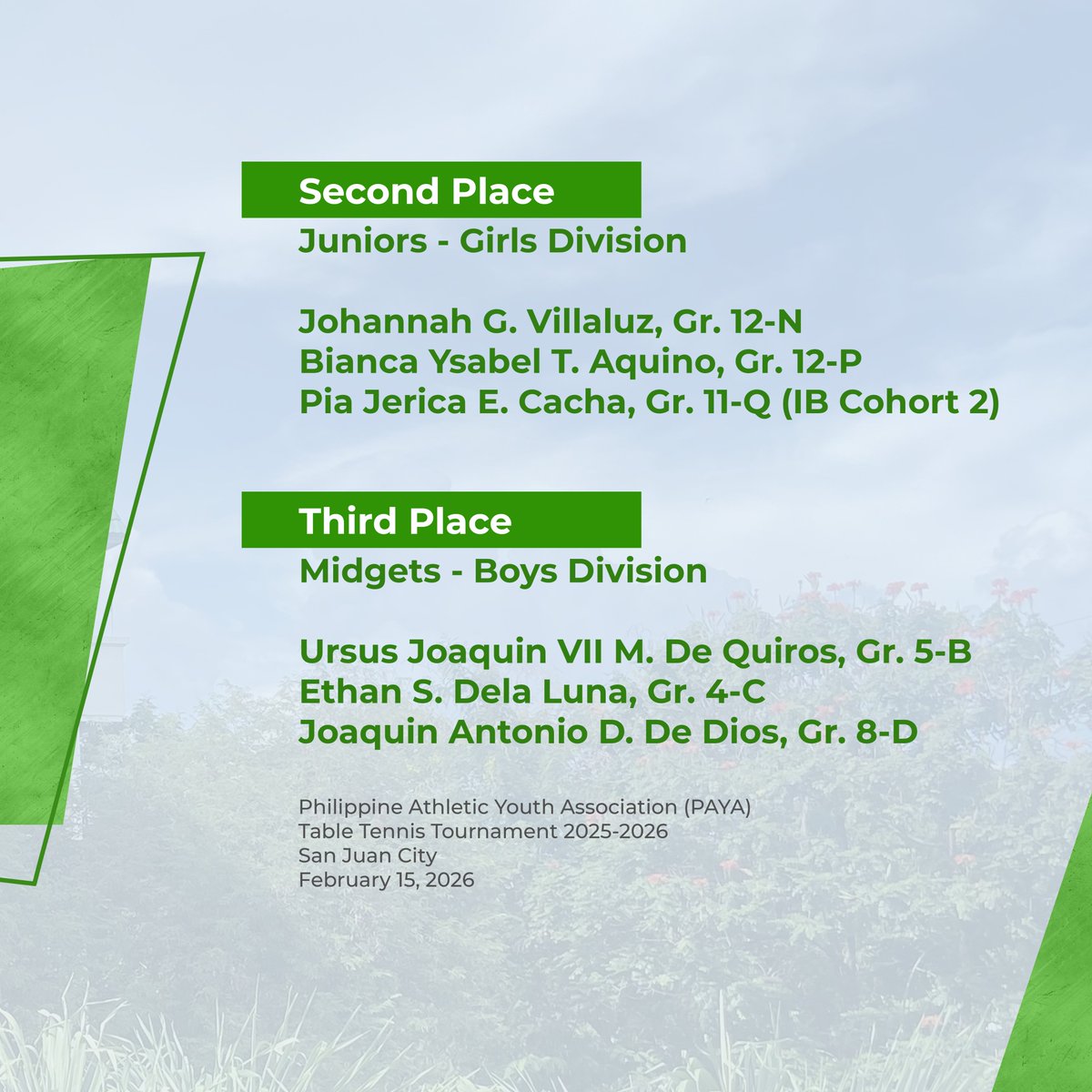 Sharp serves, steady rallies, and a winning spirit on the table!
Congratulations to the LSGH Table Tennis Team for bringing home Silver and Bronze at the Philippine Athletic Youth Association (PAYA) Table Tennis Tournament 2025–2026, held on February 15, 2026 at Xavier School,