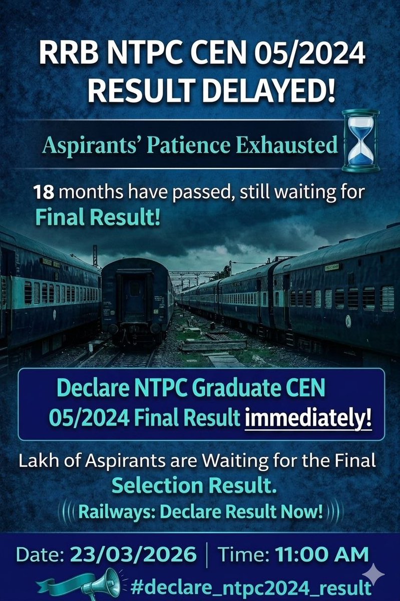 ankitaji007's tweet photo. NTPC Final Result 2024…

18 months ho gaye intezar karte hue ⏳
CBT-2 ko hue 162 days…
Har din ek nayi umeed ke saath uthte hain,
par har din sirf wait hi milta hai 💔
Yeh sirf result nahi… lakho students ka future hai.
#declare_ntpc2024_result @AshwiniVaishnaw @RailMinIndia https://t.co/vwIKg26znc