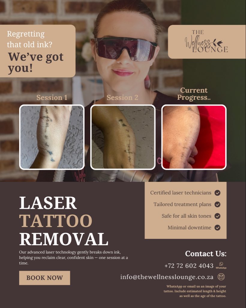 TWellnessLounge's tweet photo. Still wearing a tattoo you've outgrown? 👀

Watch it fade — session by session. Our advanced laser technology is designed to work with your skin, not against it. Real results. Real clients. Zero judgement.

#TattooRemoval #LaserTattooRemoval #NewChapterNewSkin #TheWellnessLounge https://t.co/FwcZNOwVxi