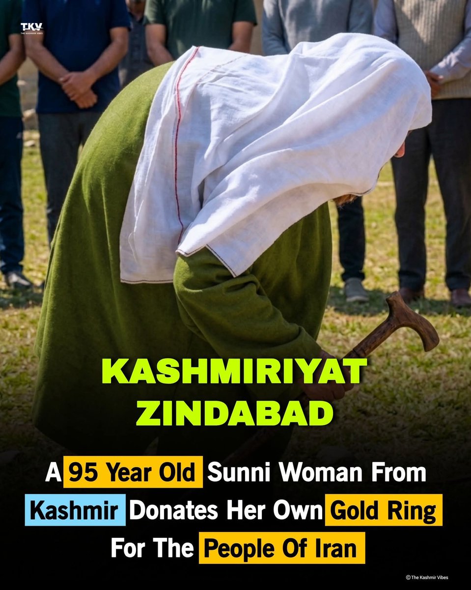 Khyber72's tweet photo. A Kashmiri mother, rather than being referred to as a Kashmiri Sunni Lady generously donates her precious ring.
Salute to this mother — her selfless act of giving gold for Iran  shows true love and humanity.🙏💔 https://t.co/HEHbphruXo