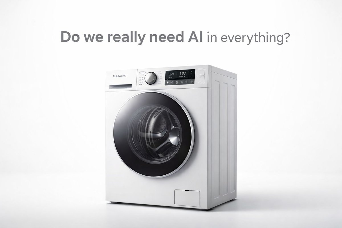 Design_Intel_In's tweet photo. My washing machine says 'AI Washing' on it.
It senses water level, weight, timer… stuff automatic machines have had for years.
So why slap 'AI' on it?
Welcome to AI Washing, the latest marketing trick.
Why we aren't going all-in on AI 👇
Read:  https://t.co/NHVaifik7d
#AI #AEC https://t.co/3RKaACDYy1