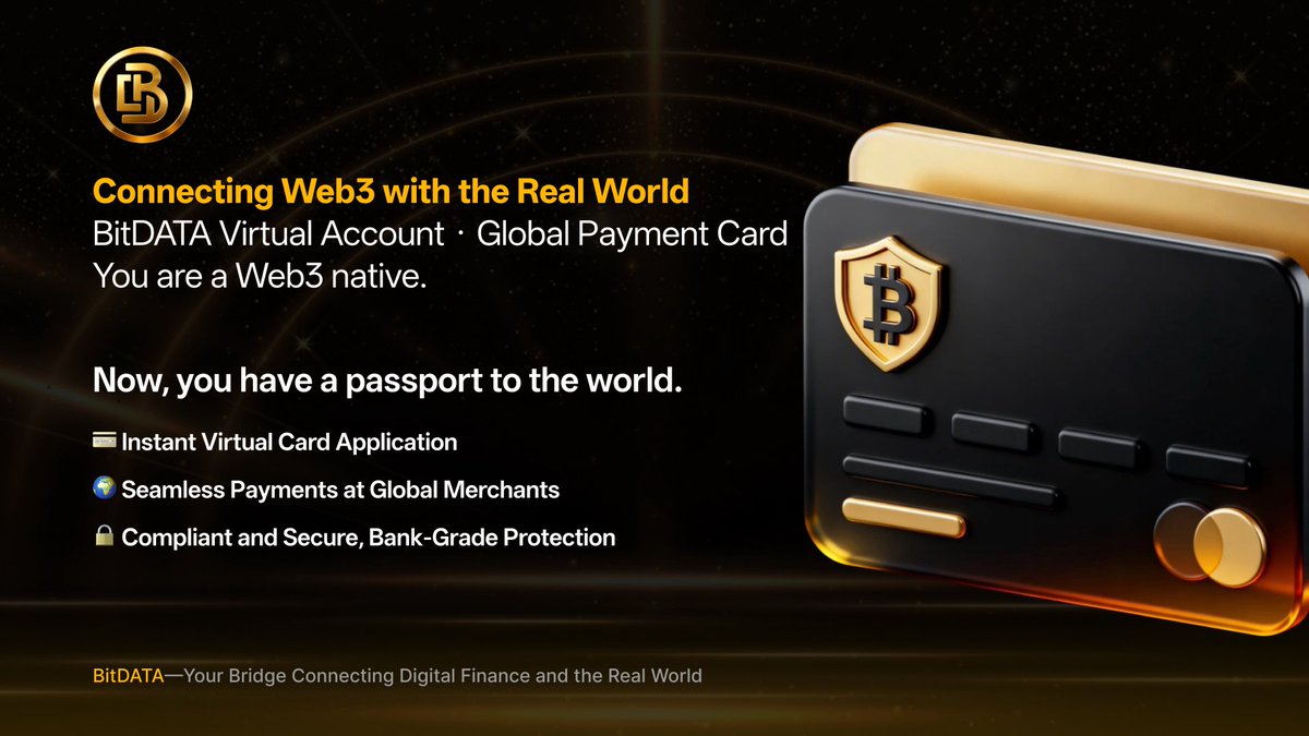BitDATA_Global's tweet photo. Connecting Web3 with the Real World

BitDATA Virtual Account · Global Payment Card

You are a Web3 native.

Now, you have a passport to the world.

💳 Instant Virtual Card Application

🌍 Seamless Payments at Global Merchants

🔒 Compliant and Secure, Bank-Grade Protection https://t.co/H7OXUDK4gP