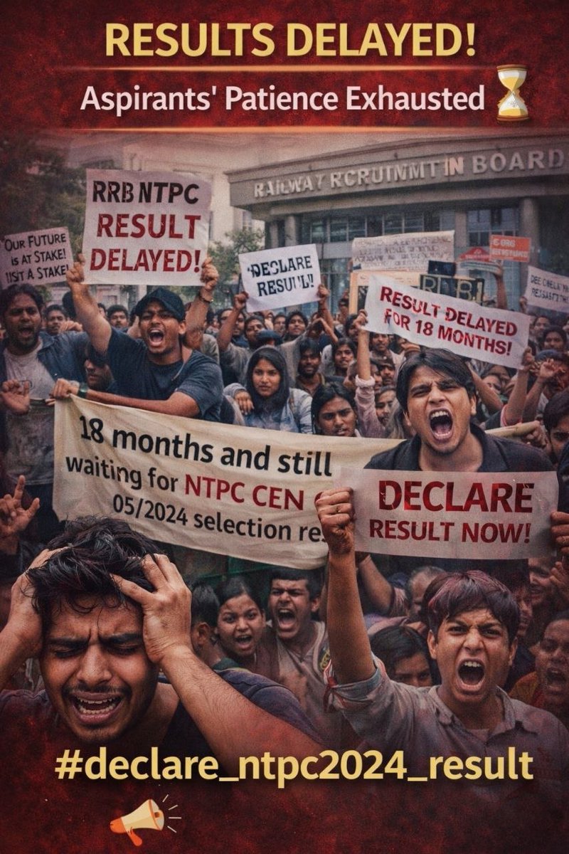 rahulbadoli128's tweet photo. RRB NTPC CEN 05/2024 – परिणाम अब तक जारी नहीं!

18 महीने बीत चुके हैं, लेकिन लाखों अभ्यर्थी अभी भी Final Result का इंतज़ार कर रहे हैं।

🚨 रेलवे से हमारी मांग:
👉 NTPC Final Result तुरंत जारी किया जाए!
@AshwiniVaishnaw @abhinaymaths @PMOIndia 
#declare_ntpc2024_result https://t.co/tkk6oM8xxh