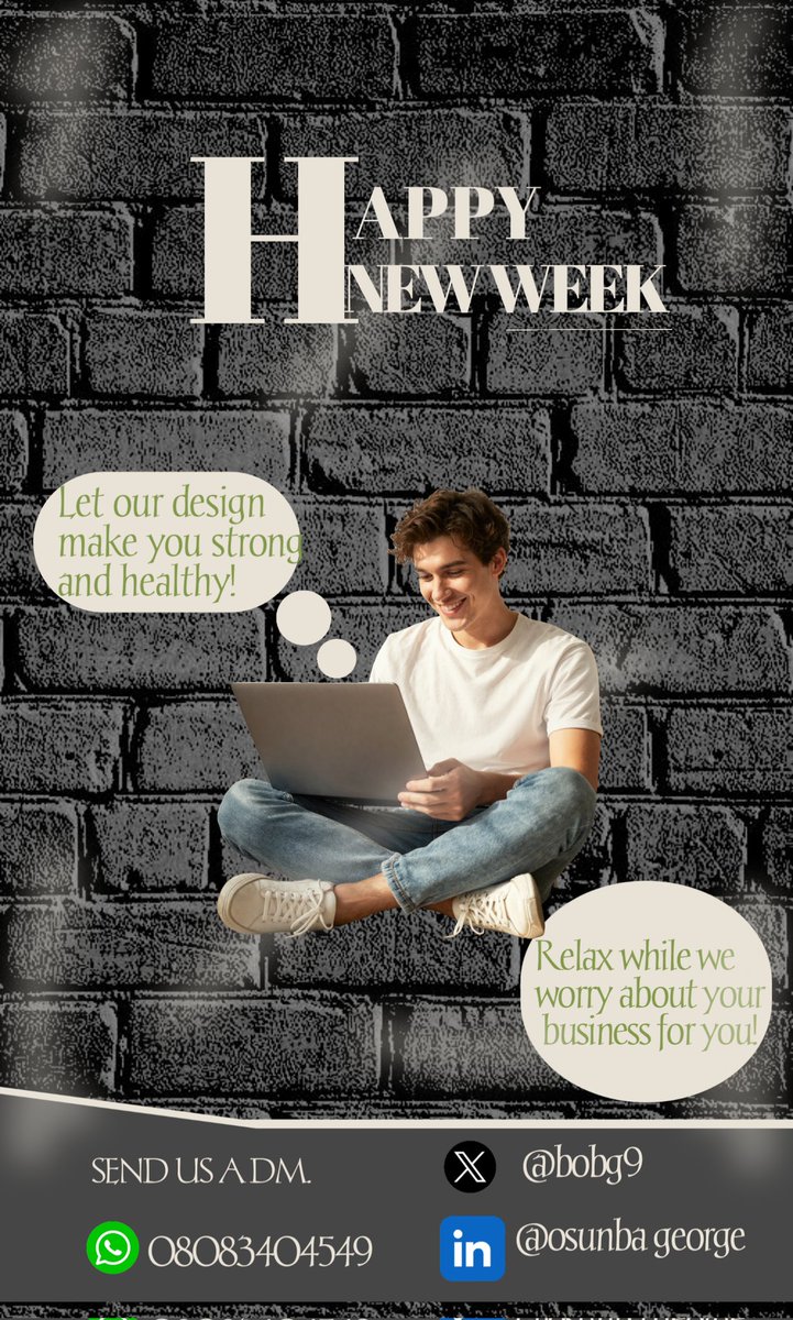 Bobg9's tweet image. Gm CT  🖤

New week, new energy. Happy New week!
I spent an hour to cooked up this up this morning 👨‍💻
If you need designs that make your brand look strong and unforgettable.
Send a Dm.
Let's make this week count 💪
#HappyNewWeek #GraphicDesig 
 #CreativeDesigner #NewWeekNewGoals