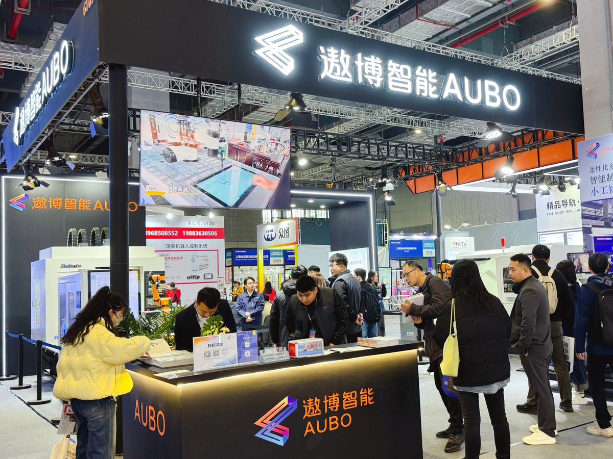 aubo_robotics's tweet photo. Day 1 at CMES 2026 is buzzing! 🚀 Stop by the AUBO Robotics booth to see our latest collaborative robots &amp; smart loading workstations in action. Check out the highlights below! 👀👇

📍 NECC (Shanghai) | Booth 6.1H-6T09 ✉️ Automation needs? Email: info@aubo-cobot.com
#AUBO #Cobot https://t.co/6dm3KwMdR5