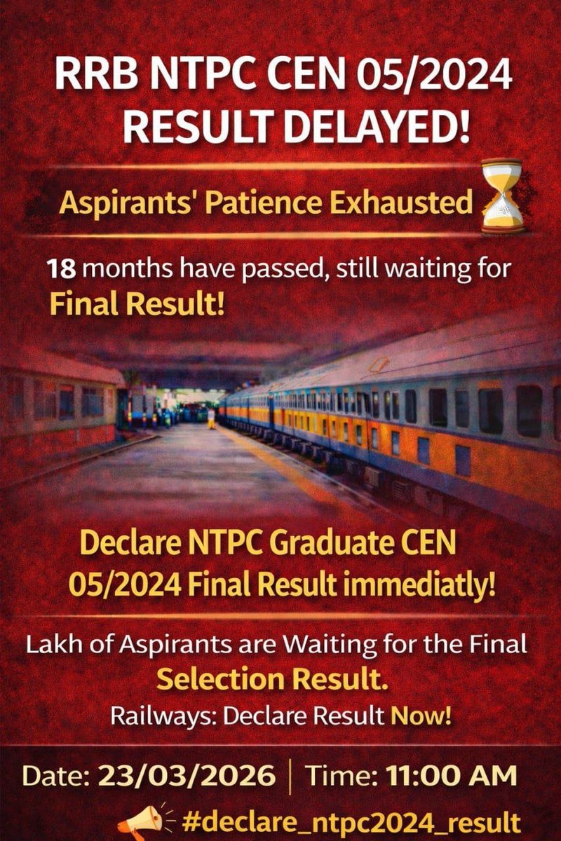Imvishu33's tweet photo. 18 MONTHS &amp; STILL WAITING!
RRB NTPC CEN 05/2024 Final Result is still pending.
Lakhs of aspirants waiting with hope &amp; patience.
Railways, declare the final result!
@AshwiniVaishnaw Sir, please look into RRB NTPC CEN 05/2024.
@RailMinIndia @PMOIndia
#declare_ntpc2024_result https://t.co/y7rGXwWmn5