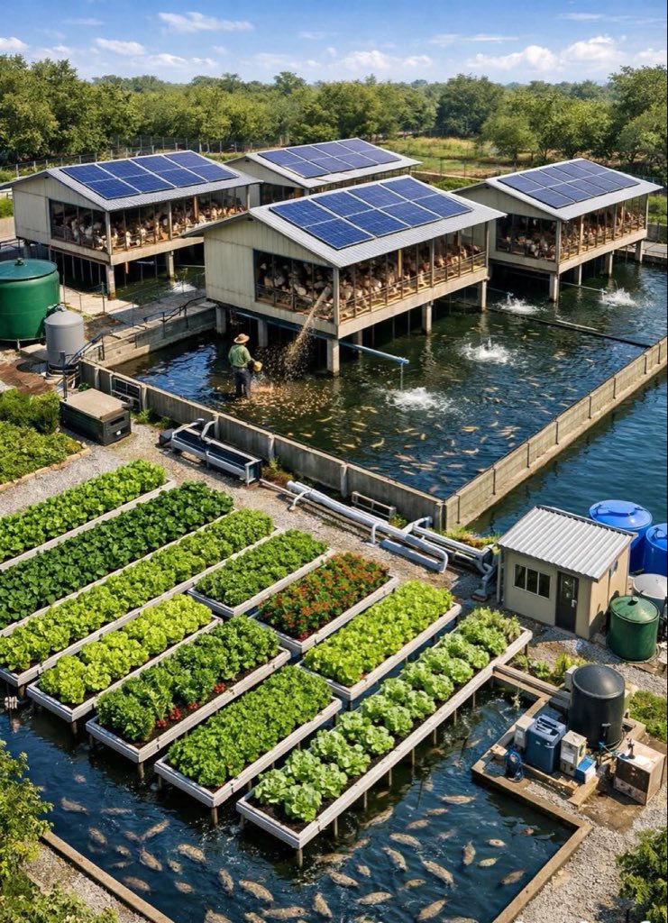 AimePatrickIra1's tweet photo. AQUAPONIC FARMING: The Future of Sustainable Agriculture

🔬 What Is Aquaponics?
Aquaponics is a revolutionary farming system that combines aquaculture (fish farming) with hydroponics (soilless plant growing) in one beautifully symbiotic cycle. As clearly visible in this stunning image, fish ponds, vegetable beds, poultry units, and solar panels all work together in perfect harmony to create a zero-waste, high-yield farming ecosystem.

⚙️ How the System Works
The cycle is elegantly simple:
🐟 Fish produce waste → waste breaks down into ammonia → beneficial bacteria convert ammonia into nitrites then nitrates → nitrate-rich water is pumped to vegetable beds as natural fertilizer → plants absorb the nutrients and filter the water → clean water is returned to the fish ponds.

This continuous loop visible in the image with pipes connecting fish ponds to raised vegetable beds means no chemical fertilizers and minimal water wastage.

Solar-Powered Efficiency
One outstanding feature visible on the rooftops is the solar panel installation. This makes the entire system energy self-sufficient, powering water pumps, aerators, and lighting without relying on the grid dramatically reducing operational costs and the farm's carbon footprint.

Integrated Poultry Unit
Notice the poultry housed on the elevated structures directly above the fish ponds. This is brilliant integrated farming — poultry droppings fall directly into the water, providing additional organic nutrients for the fish and further enriching the system naturally.

Vegetable Production
The foreground shows beautifully arranged raised hydroponic beds bursting with lettuce, herbs, and leafy greens. Aquaponics grows vegetables up to twice as fast as conventional soil farming because plants receive a constant supply of nutrient-rich water 24/7.

Water Conservation
Aquaponics uses up to 90% less water than traditional farming since water continuously recirculates through the system rather than being lost to the soil.

Economic & Food Security Benefits
This integrated system simultaneously produces fish, vegetables, and poultry multiple income streams from one piece of land. It is ideal for feeding communities, supplying restaurants, and export markets.

Aquaponics truly represents the perfect marriage of technology, nature, and sustainability growing more food with less land, less water, and zero chemicals! 🌍💚🐟