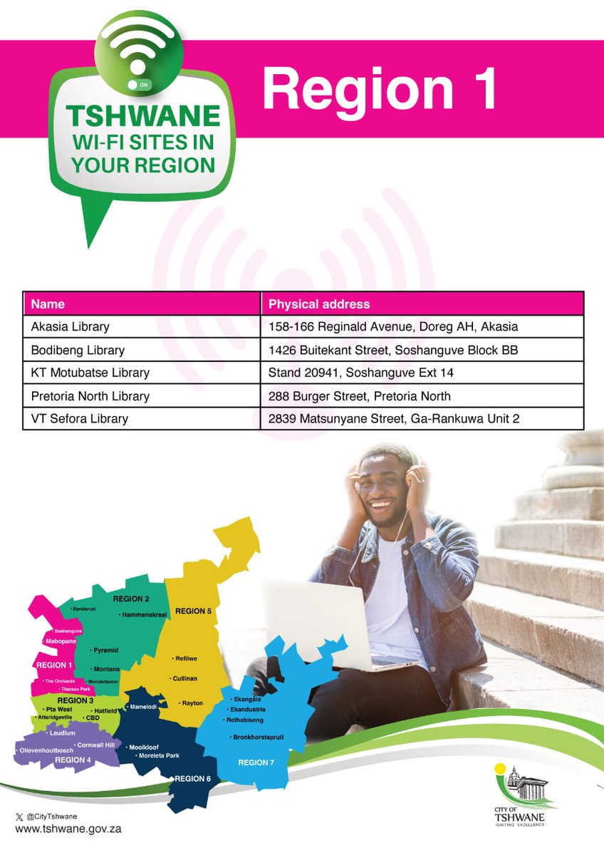 Tshwane residents: we’ve started restoring free Wi-Fi!
We’re beginning with libraries and museums where infrastructure wasn’t severely damaged. Visit the listed facilities to get connected. <a href="/CityTshwane/">City of Tshwane</a>