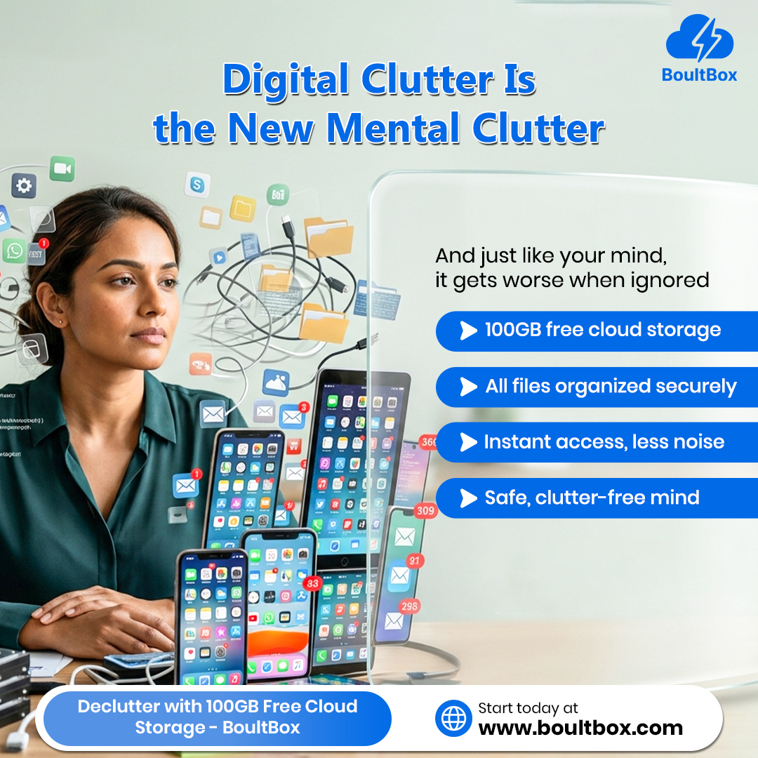 BoultBox's tweet image. Digital clutter = mental clutter.
Unread files, duplicate photos, scattered docs → more stress, less focus.
Declutter with 100GB free cloud storage on BoultBox.
Clean storage. Clear mind.
#CloudStorage #DigitalClutter #Productivity #BoultBox