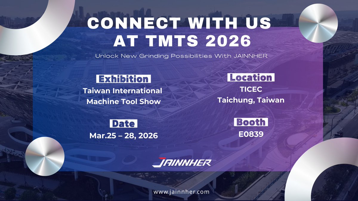 JainnherM's tweet image. JAINNHER is ready for #TMTS2026 back in our home city of Taichung! Visit us at 👉Booth E0839👈 and experience our #grinding #solutions firsthand.
Exhibition Dates:  3/25-28
Location: TICEC
Opening Hours: 09:30–17:30 (until 16:00 on 3/28)

#Jainnher #grinder #machinery #HMI #cnc