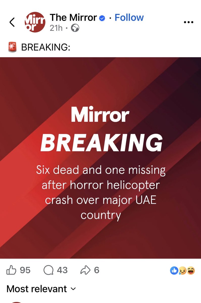 This is how The Mirror (UK tabloid) reported the helicopter crash in Qatar. 
Qatar - an entirely separate country. A tragedy. 
Can someone buy them an atlas? 
TBH I am surprised it didn’t say a “Dubai country”knowing how bad so many are at geography. 🤦🏻‍♀️