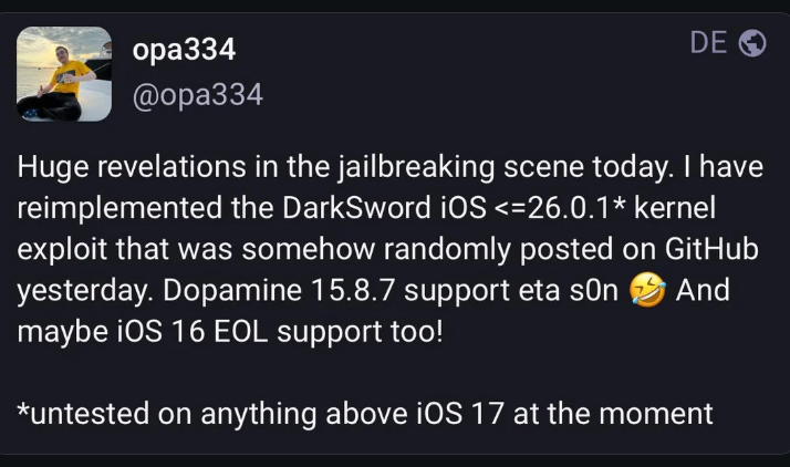 🏁 Get, Set, Ready, Go! 🚀 Dopamine Jailbreak

<a href="/opa334dev/">opa334@infosec.exchange</a>