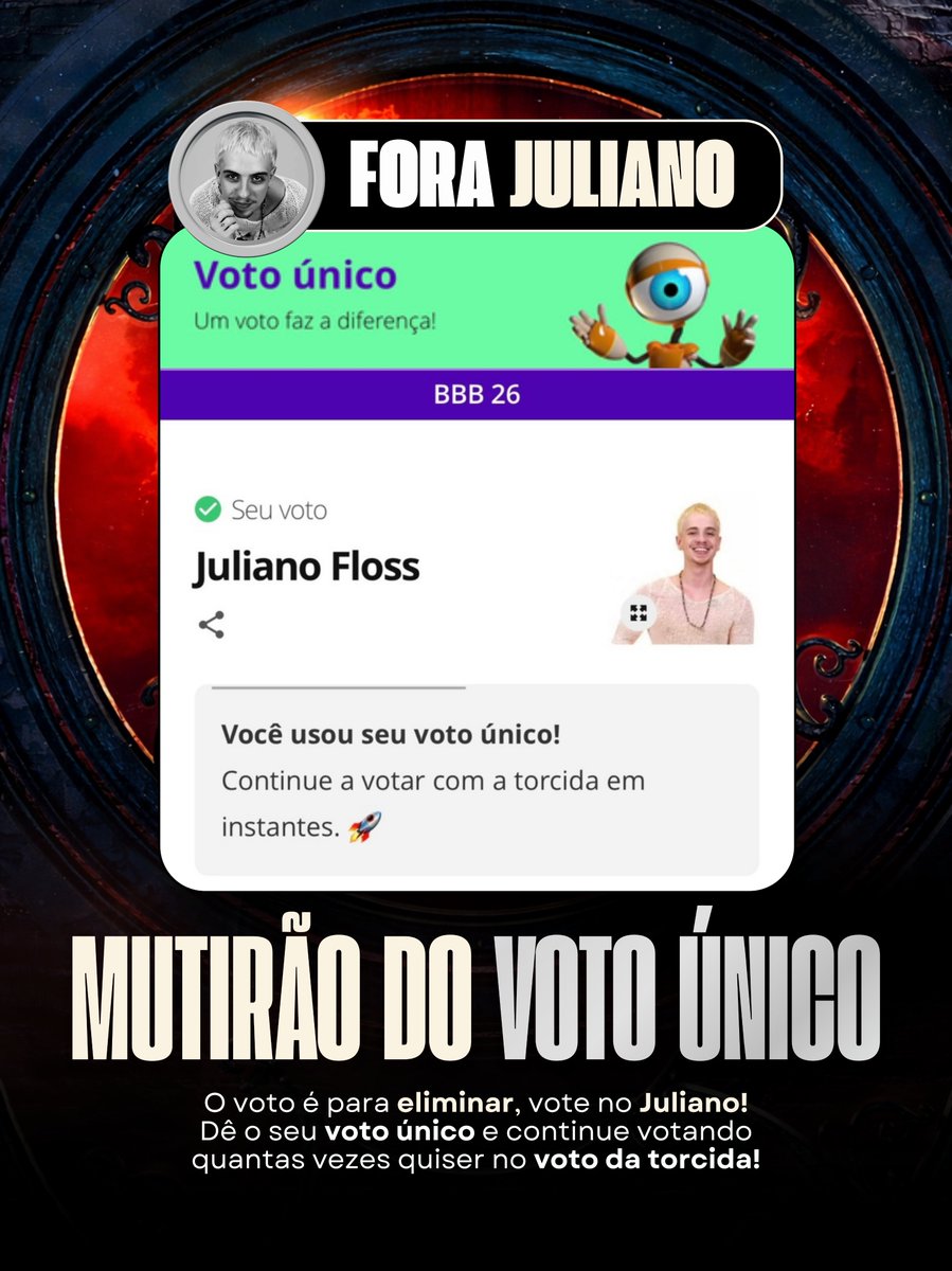 JonasHSulzbach's tweet photo. ⚡MUTIRÃO DO VOTO ÚNICO GSHOW! ⚡️

📥 A cada 10 votos, deposite um EMOJI aqui.

⏰ ENCERRA ÀS 08h!

🚨 O voto é pra SAIR, portanto votem no JULIANO!

📲 LINK: https://t.co/LTSaTFmdbI

#ForaJuliano #BBB26 https://t.co/naCTMiFe8e