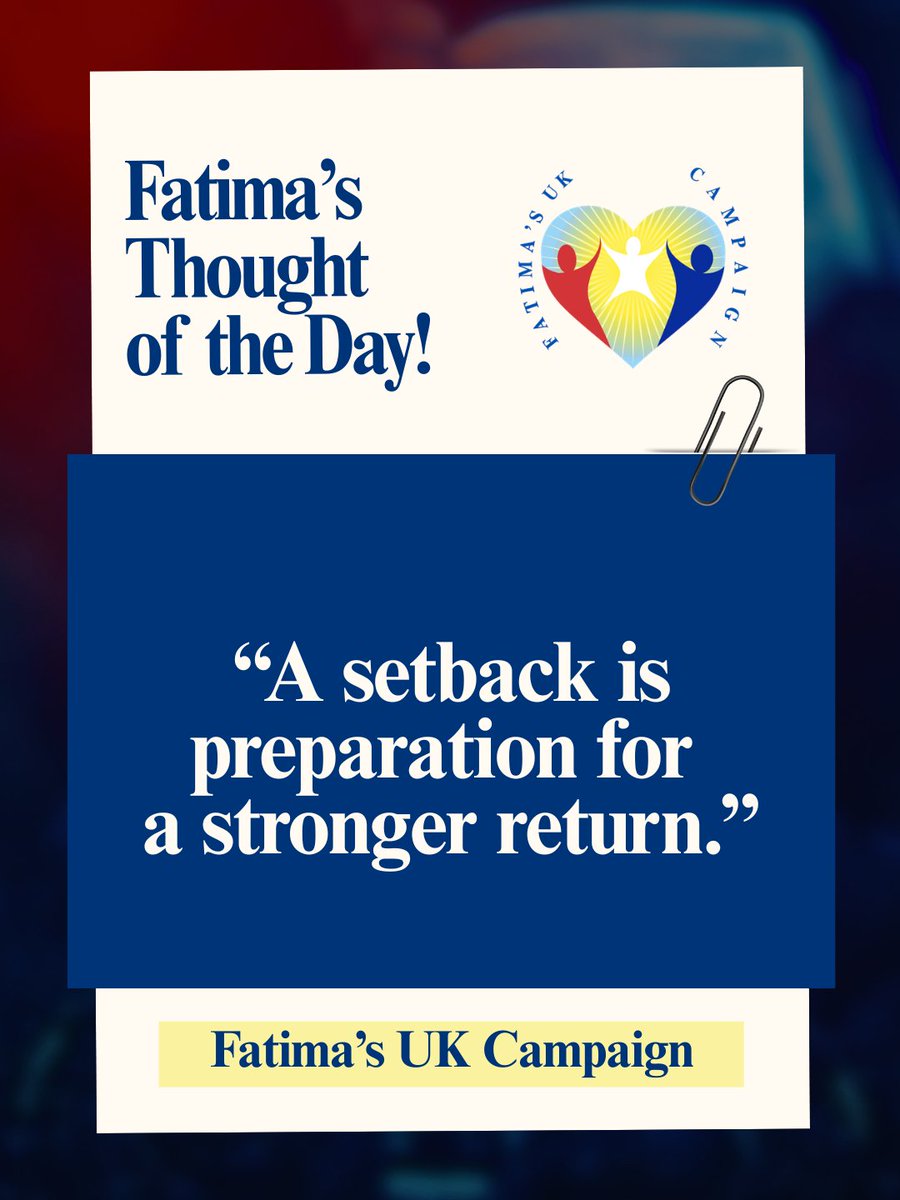 FatimaWh1tbread's tweet photo. Fatima’s Thought of the Day: “A setback is preparation for a stronger return.”
Today’s Thought:
Failure is feedback. Every challenge builds resilience for the next victory.
#FatimasUKCampaign #FatimaWhitbread #ResilientReturn #CareLeaversSupport #StrongerAfterSetback https://t.co/PoQfP93wtt