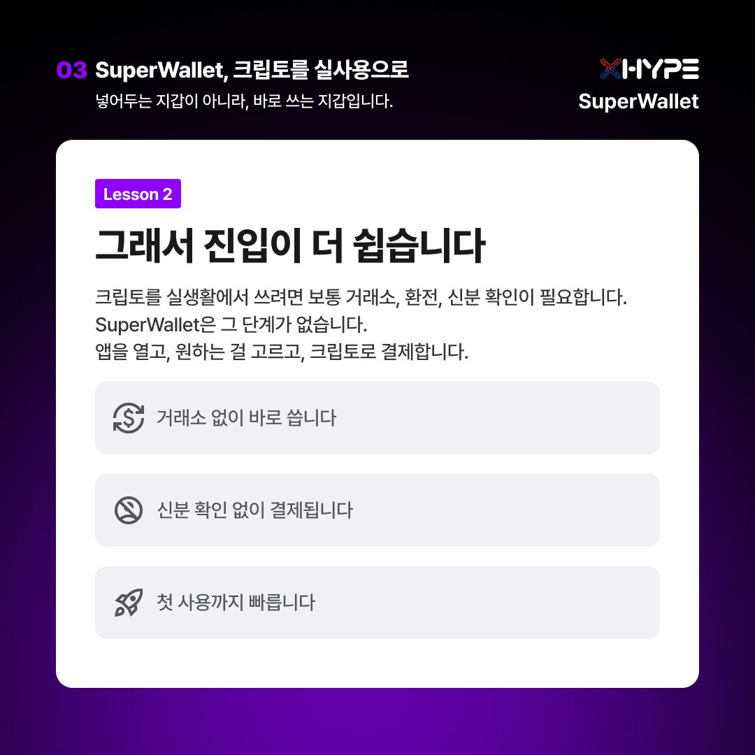 XhypeKorea's tweet photo. 📱 XHYPE | SuperWallet, 크립토를 바로 쓰는 지갑

SuperWallet은 Travel·Gift Cards·eSIM처럼 지금 바로 쓸 수 있는 기능이 먼저 보입니다. 거래소, 환전, 신분 확인 같은 복잡한 단계를 줄이고, 크립토를 “넣어두는 자산”이 아니라 “바로 쓰는 수단”으로 연결합니다. https://t.co/u4nfPlQ2zM