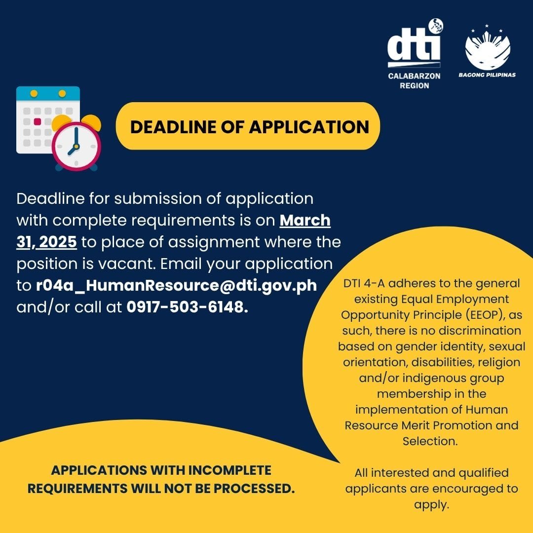 dticalabarzon's tweet photo. 𝐖𝐄 𝐀𝐑𝐄 𝐇𝐈𝐑𝐈𝐍𝐆! 📣

Deadline for submission of application with complete requirements is on March 31, 2026 to place of assignment where the position is vacant.

#iamDTIph #dti4a #dticalabarzon https://t.co/QPSc6as1r8