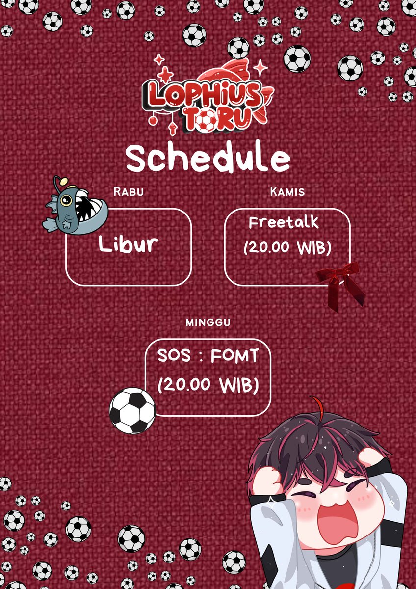 LophiusToru's tweet photo. schedule
Hashtags
General: #LophiusToru
Live: #LopLive
Fanart: #GambaRu
Memes: #BodoRu
Clip: #ClipLop
Fan name: Lovehius
#VTuber #VTuberIndonesia #VTuberID https://t.co/IoGoXy62dV