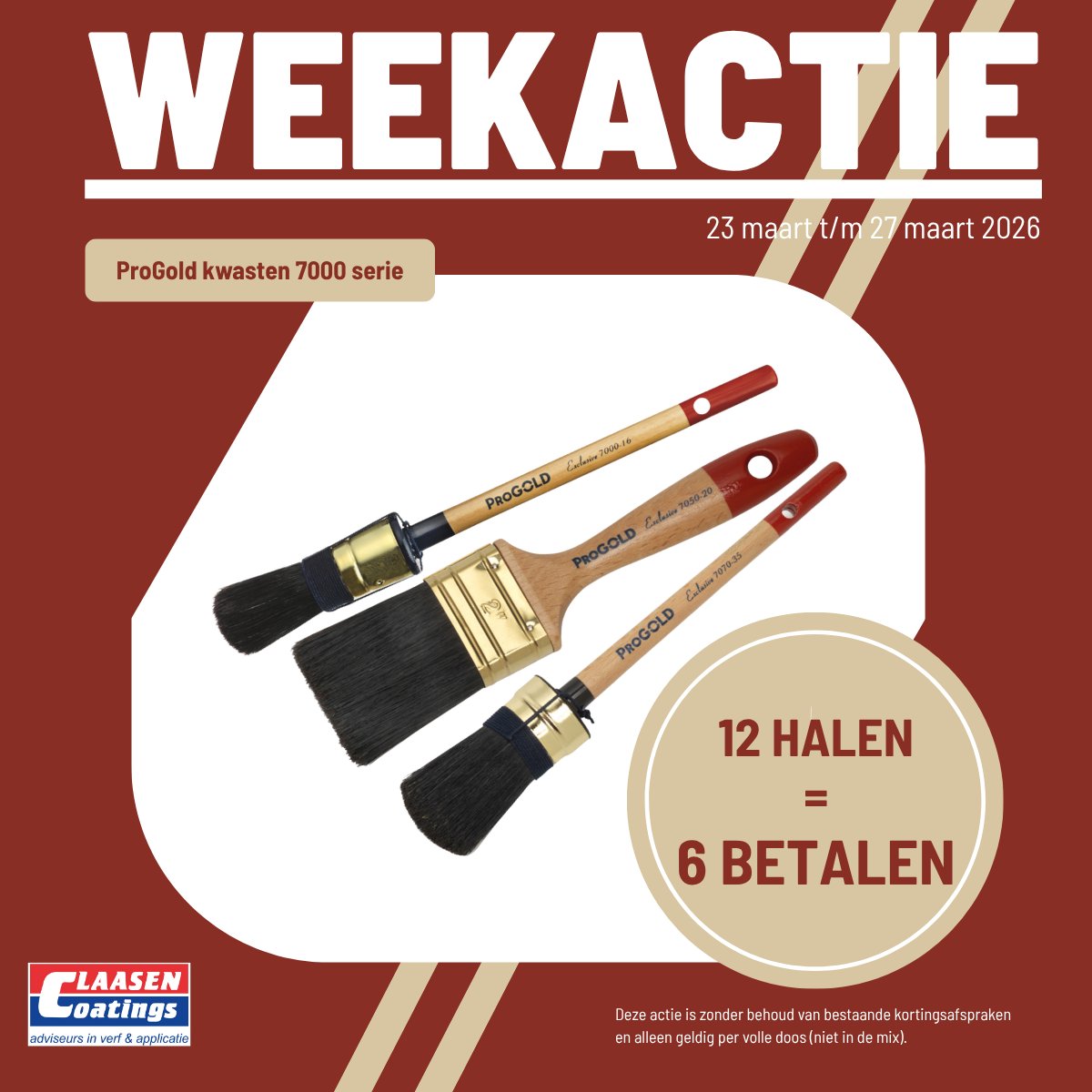 Weekactie 23 maart t/m 27 maart 2026  De ProGold kwasten uit de 7000-serie zijn perfecte voor uw buitenschilderwerk. De kwasten zijn vervaardigd uit hoogwaardig Chinees varkenshaar, wat zorgt voor een uitstekende verfafgifte en een strak resultaat bij precisiewerk. Deze week extr