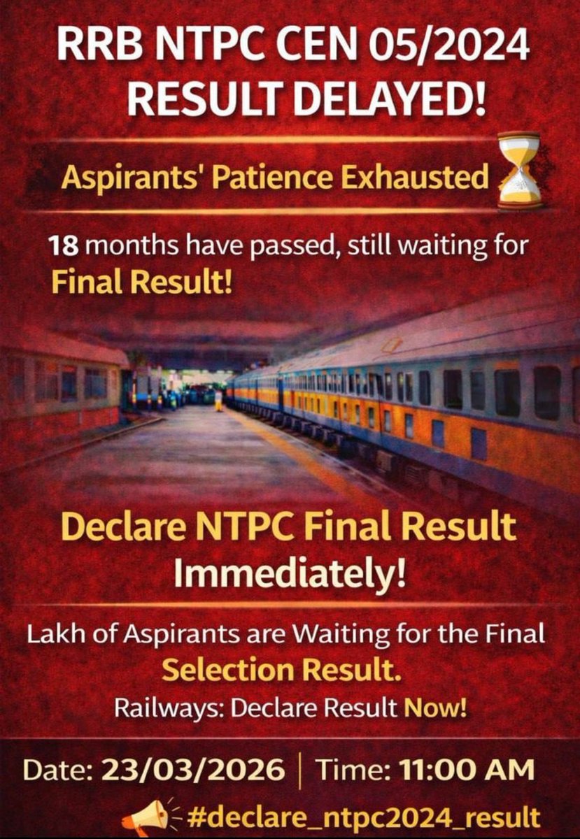 RSMEENA82466257's tweet photo. 🚨  RRB NTPC X (TWITTER) CAMPAIGN 🚨 

Date: 23/03/2026
Day: Monday 
Time: 11 AM
Hastag: #declare_ntpc2024_result https://t.co/9HayjjEjtA