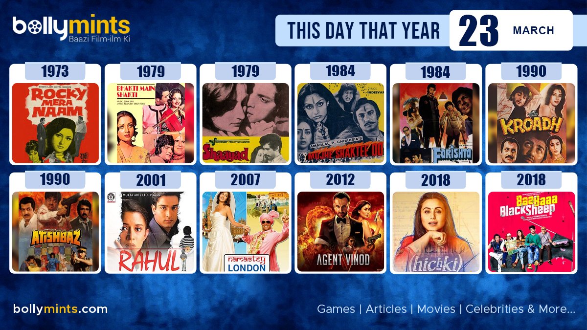 BollyMints's tweet photo. Here are the few #BollywoodMovies released on this day. Stay tuned at https://t.co/ohKmuyqHCy for #updates #ThisDayThatYear #23March #RockyMeraNaam #BhaktiMeinShakti #Shaayad #MujheShakteeDo #Farishta #Kroadh #Atishbaz #Rahul #NamasteyLondon #AgentVinod #Hichki #BaaBaaaBlackSheep https://t.co/a34b9Hhx3R