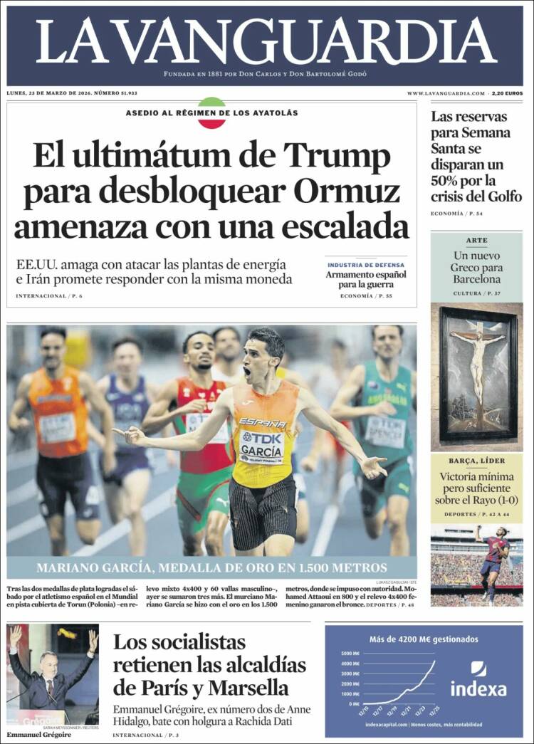 OlympicDeportes's tweet photo. Espacio que ocupan en las portadas de Marca, As y Mundo Deportivo, las tres medallas 🥇🥉🥉 del atletismo español 🇪🇦 en la última jornada del Mundial bajo techo. 

Portadas murcianas y de La Vanguardia para Mariano García 🇪🇦, campeón del mundo bajo techo en 1.500 metros. https://t.co/FpreXPYuW8