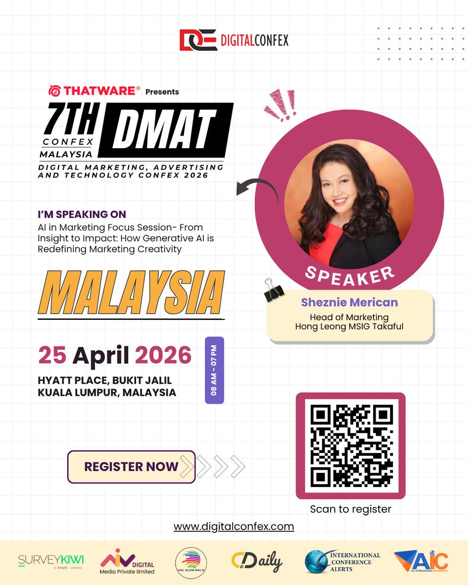 digitalconfex's tweet photo. Welcoming Sheznie Merican, Head of #Marketing at Hong Leong MSIG Takaful, as a Distinguished #Speaker at #DMATConfex 2026 🎤

🎯 From Insight to Impact: How Generative AI is Redefining Marketing Creativity
📅 25 April 2026 | Kuala Lumpur

👉 https://t.co/5e7iZKnNxa
#GenAI https://t.co/9cYu6jzGof
